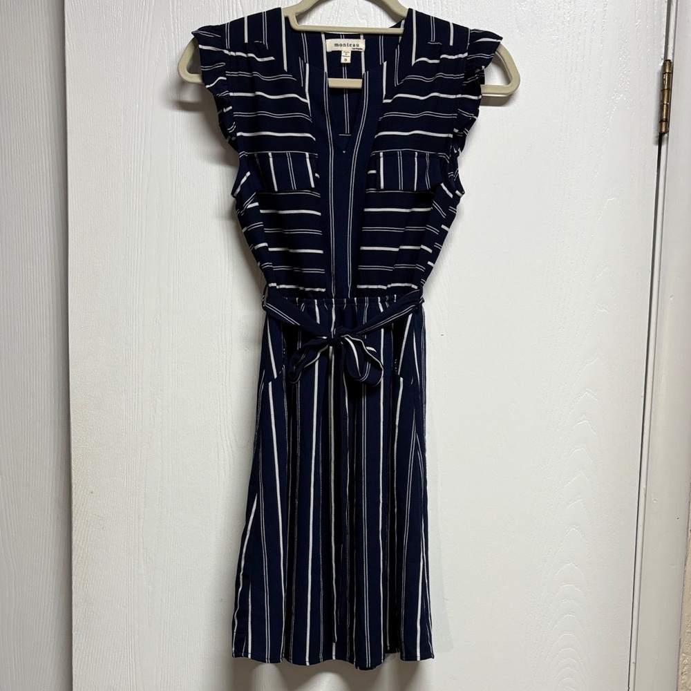 Monteau Navy and White Striped Midi Dress With Pockets‎